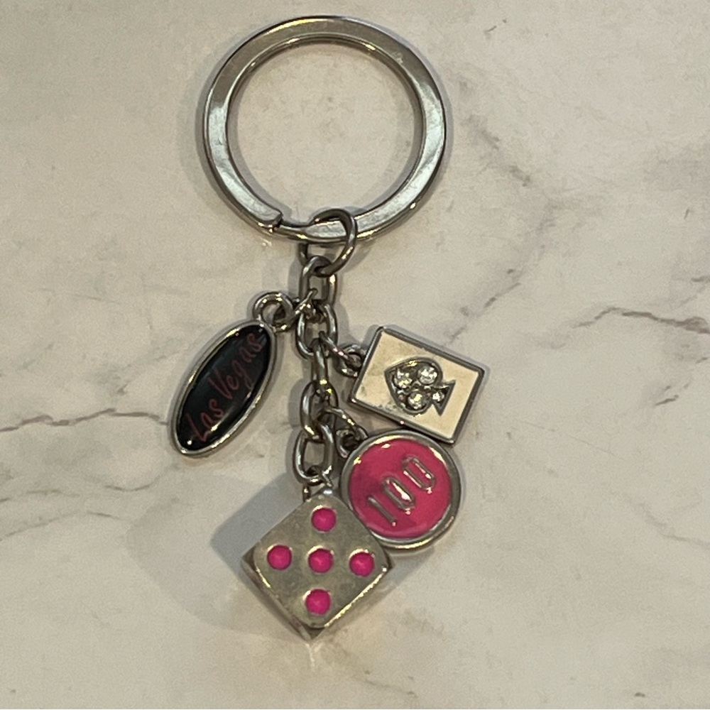 Las Vegas Crystal Charm Keychain - Pink Dice, Poker Chip, Spade Playing Card